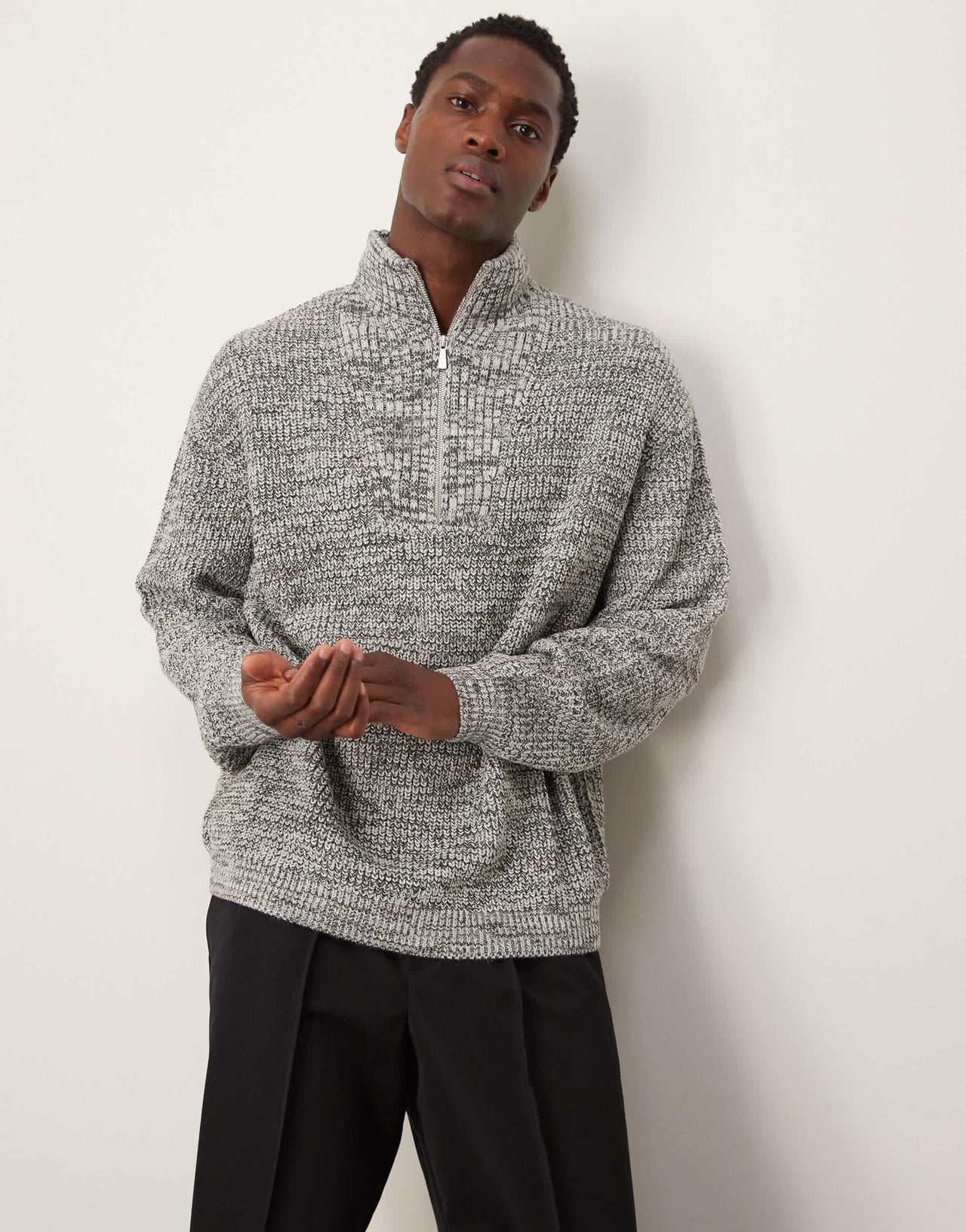ASOS DESIGN knitted oversized fisherman rib quarter zip jumper in grey