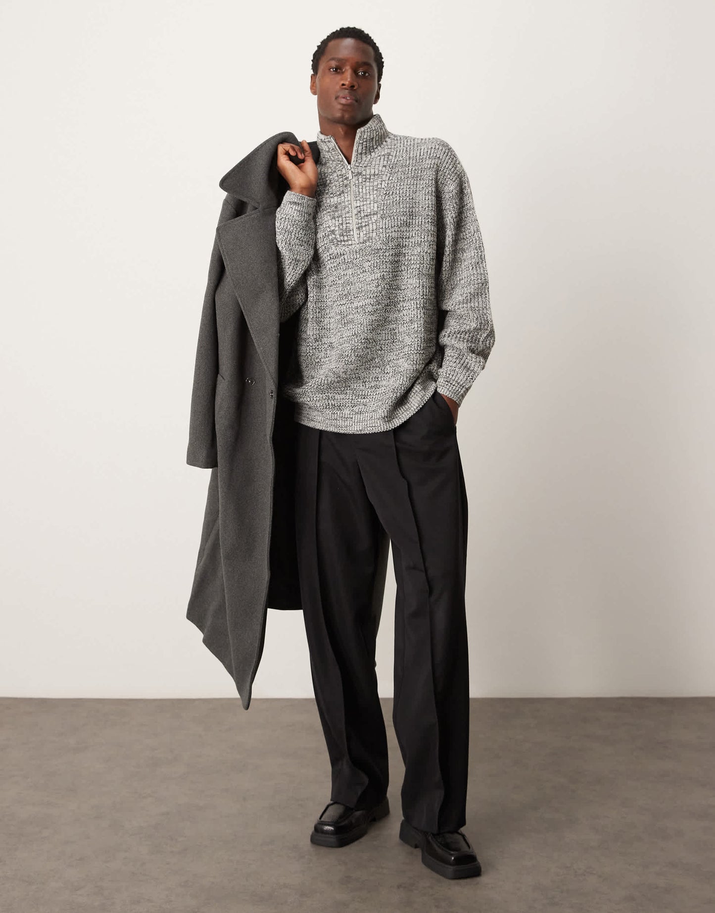 ASOS DESIGN knitted oversized fisherman rib quarter zip jumper in grey