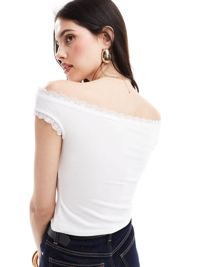 ASOS DESIGN bardot lace trim top in white