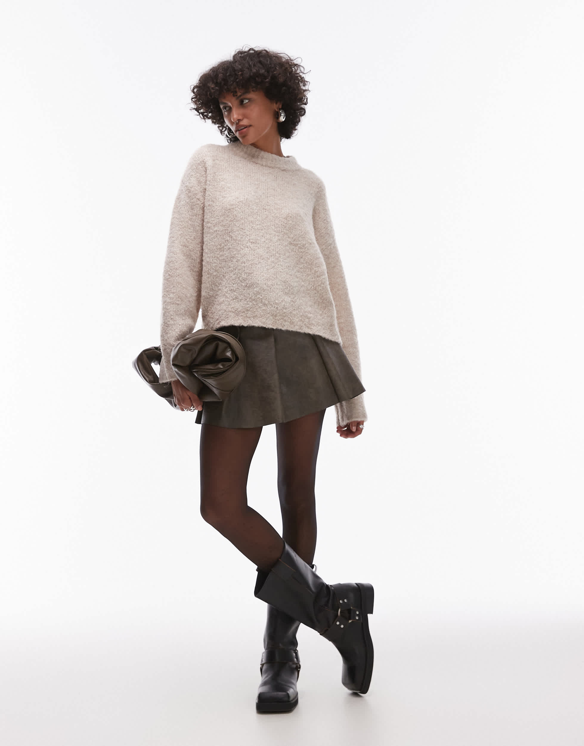 Topshop knitted boucle crew jumper in stone