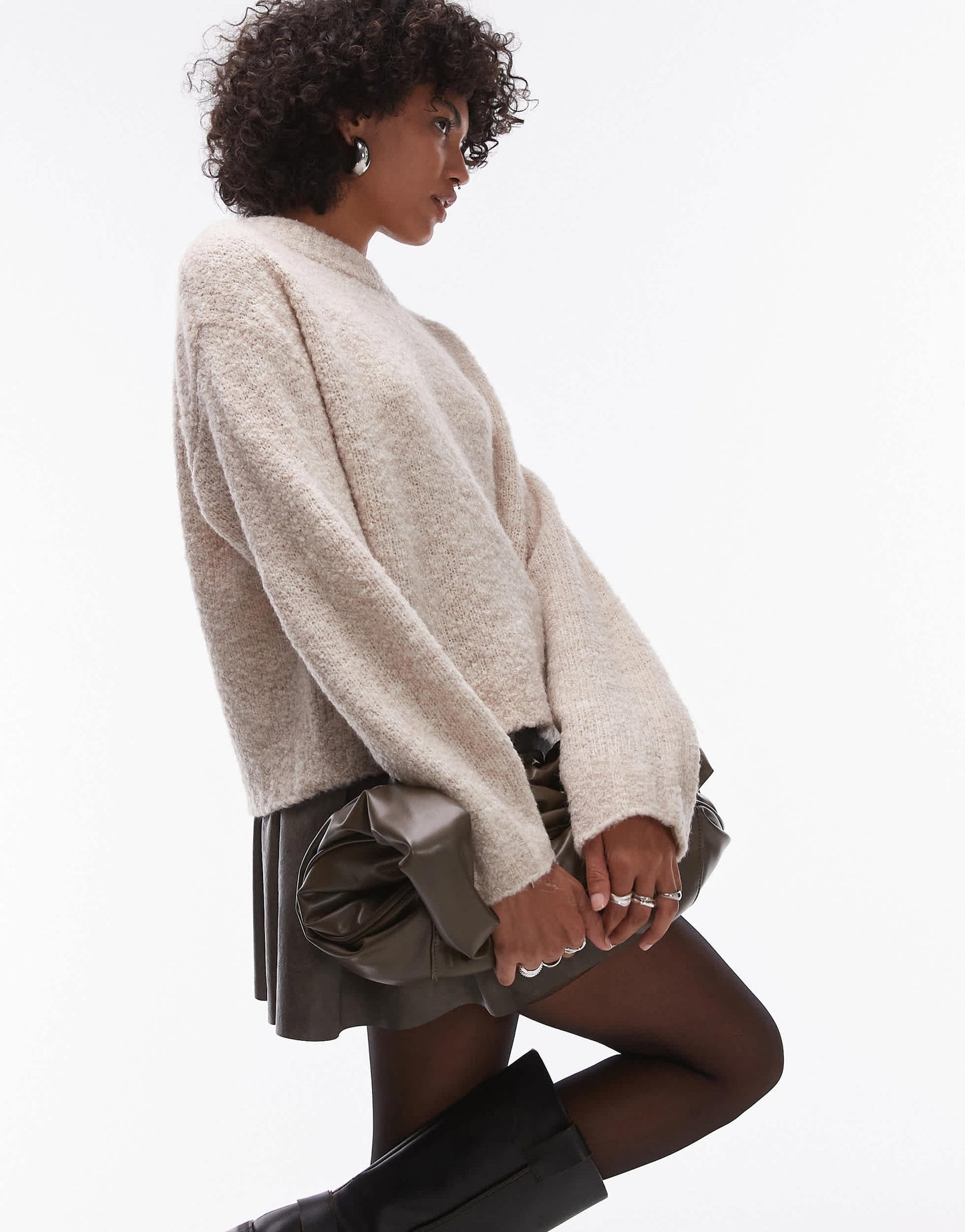 Topshop knitted boucle crew jumper in stone