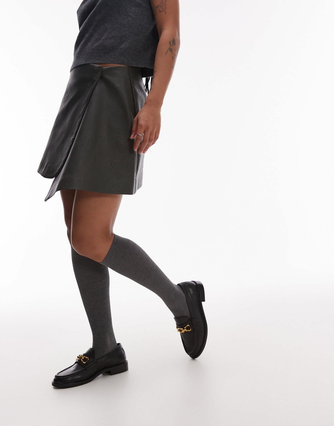 Topshop petite faux leather wrap mini skirt in dark khaki