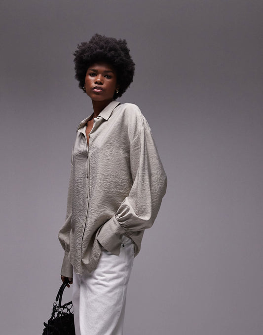 Topshop textured ruched sleeve shirt in sage