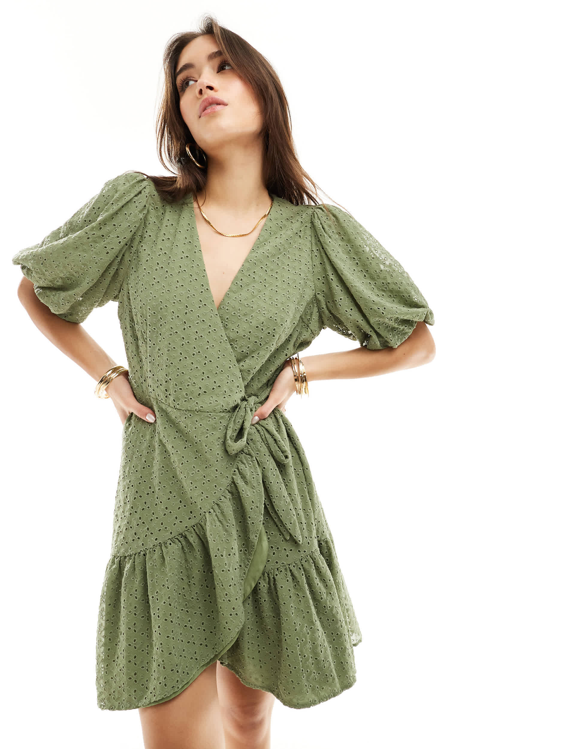 YAS broderie wrap mini dress in green  - KHAKI