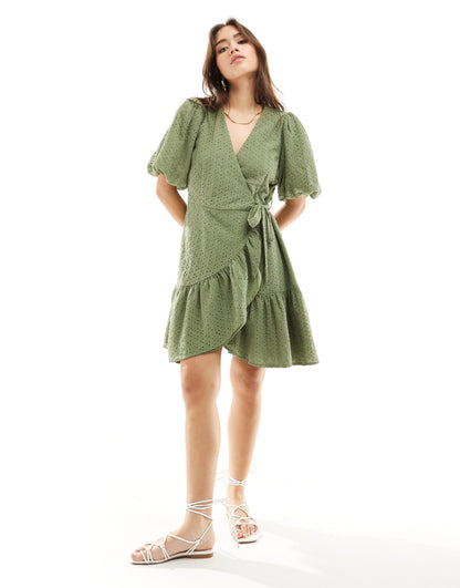 YAS broderie wrap mini dress in green  - KHAKI