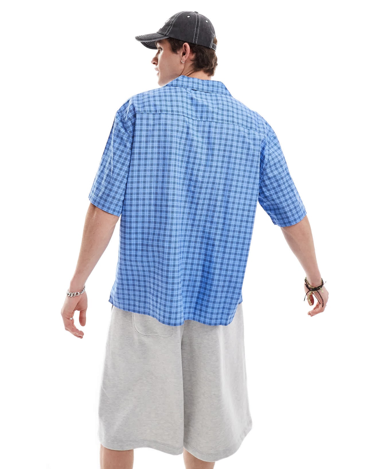 COLLUSION oversized poplin revere short sleeve shirt in blue check