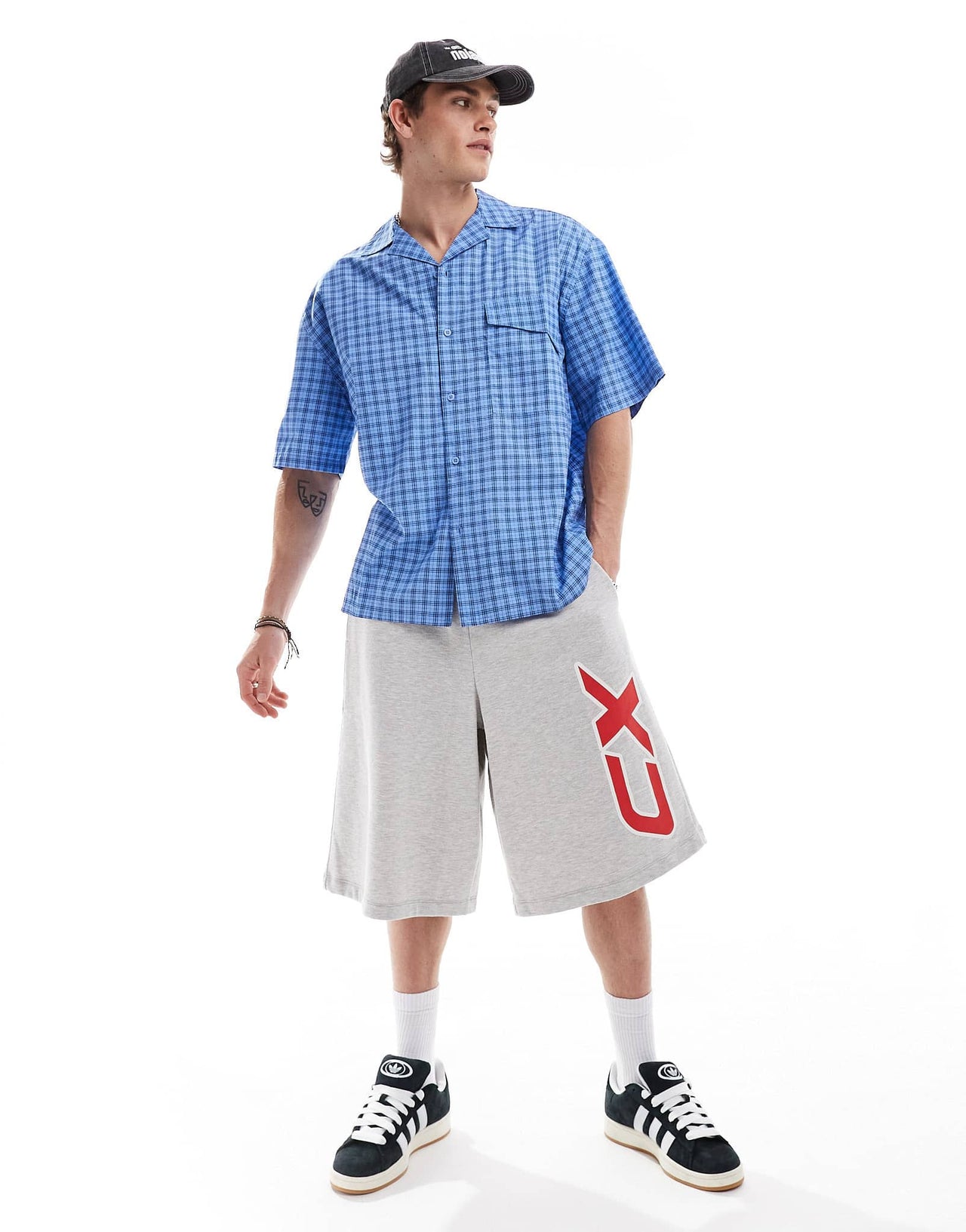 COLLUSION oversized poplin revere short sleeve shirt in blue check