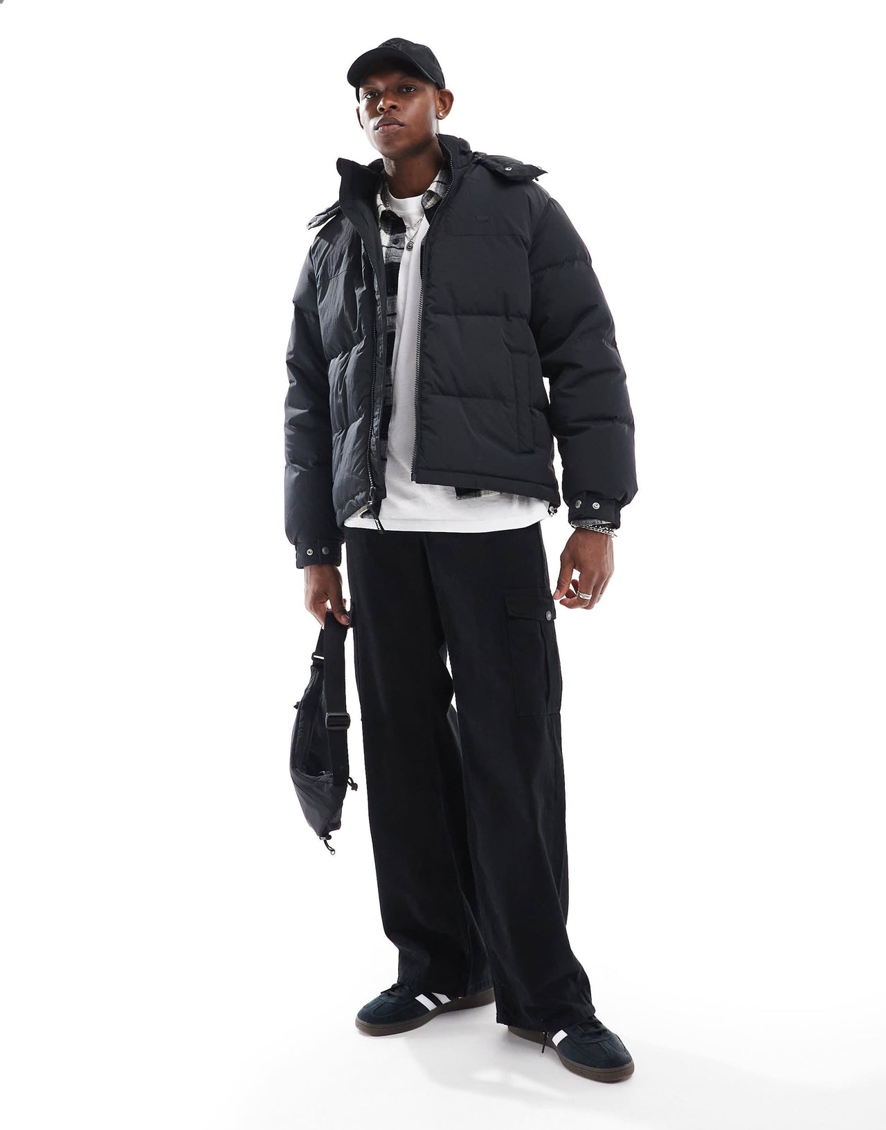 Levi's Rockridge crinkle nylon short hooded down puffer jacket in black