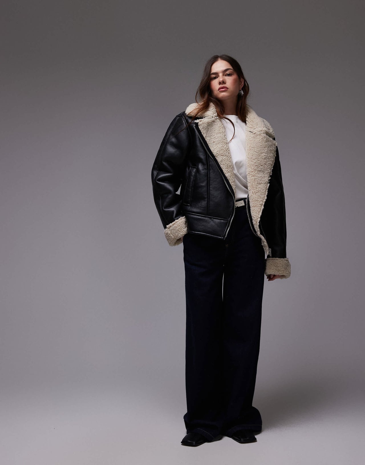 Topshop shearling aviator jacket in black and cream