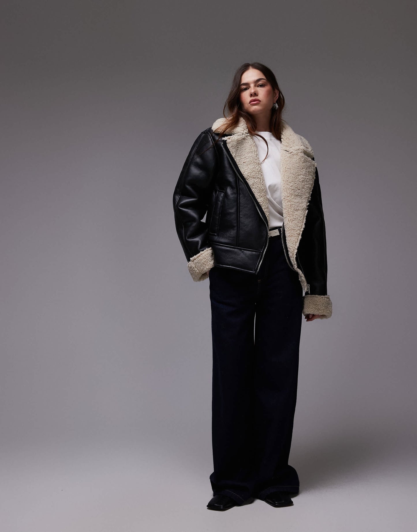 Topshop shearling aviator jacket in black and cream