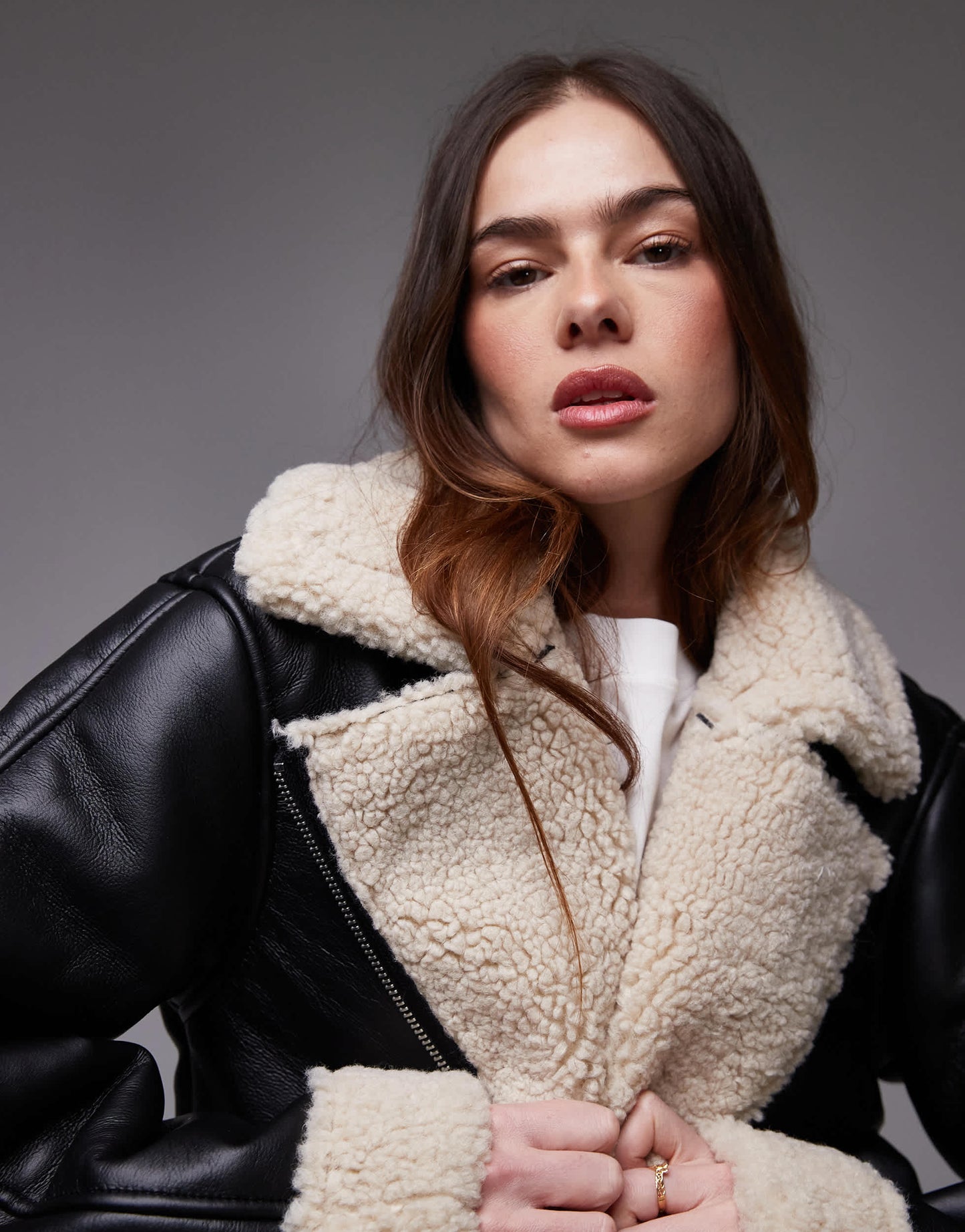 Topshop shearling aviator jacket in black and cream