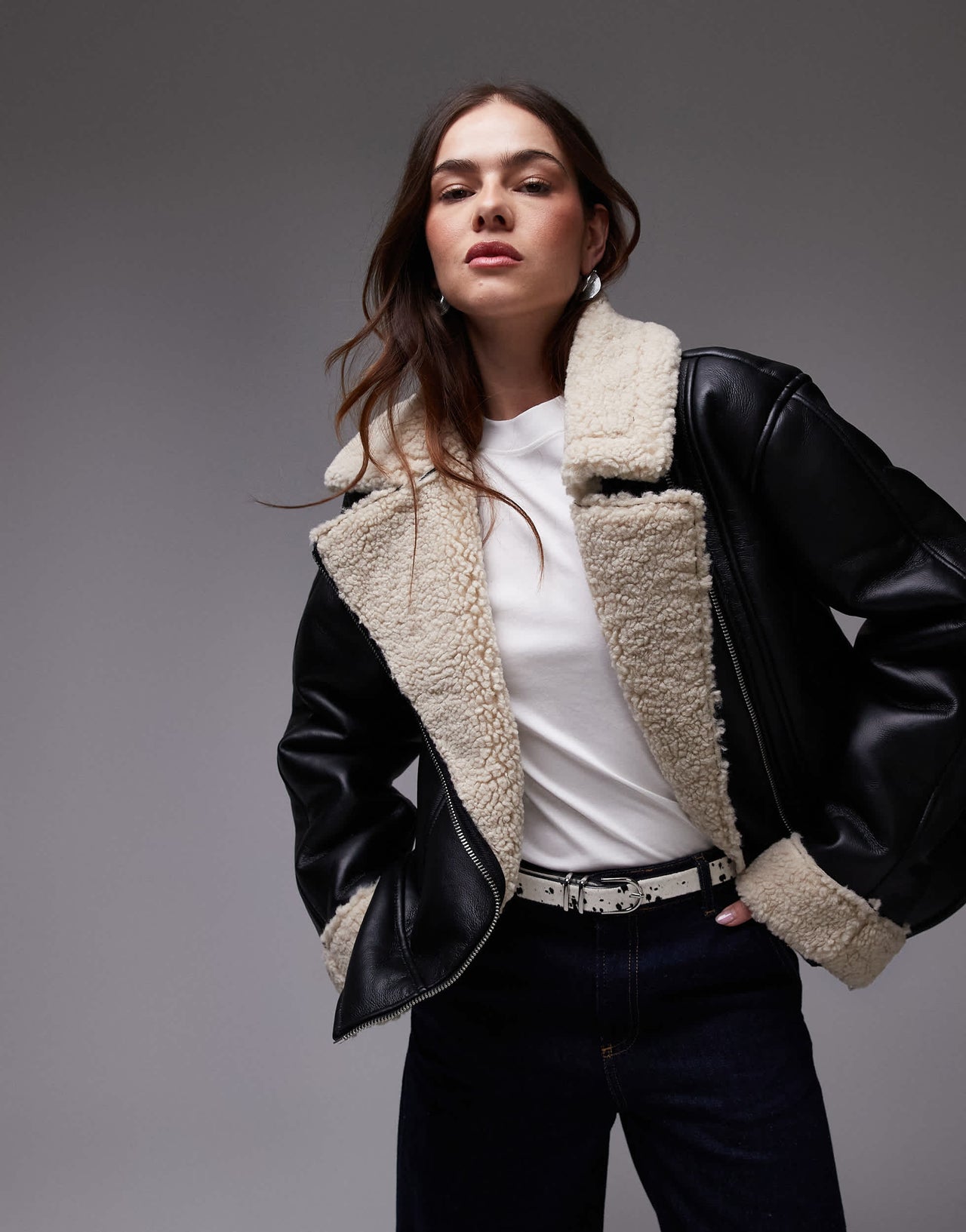 Topshop shearling aviator jacket in black and cream
