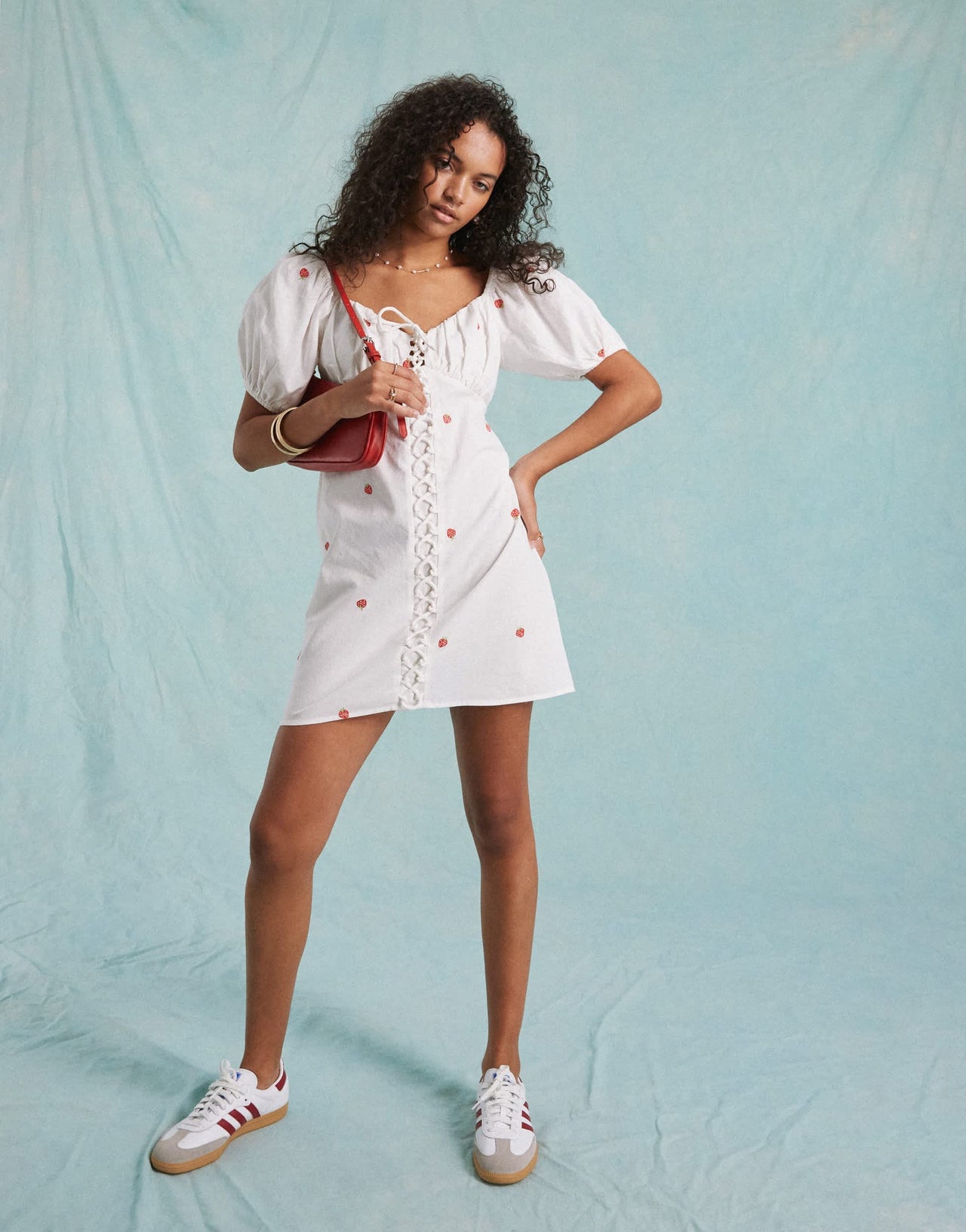 Miss Selfridge linen look mini dress in cream with fruit embroidery