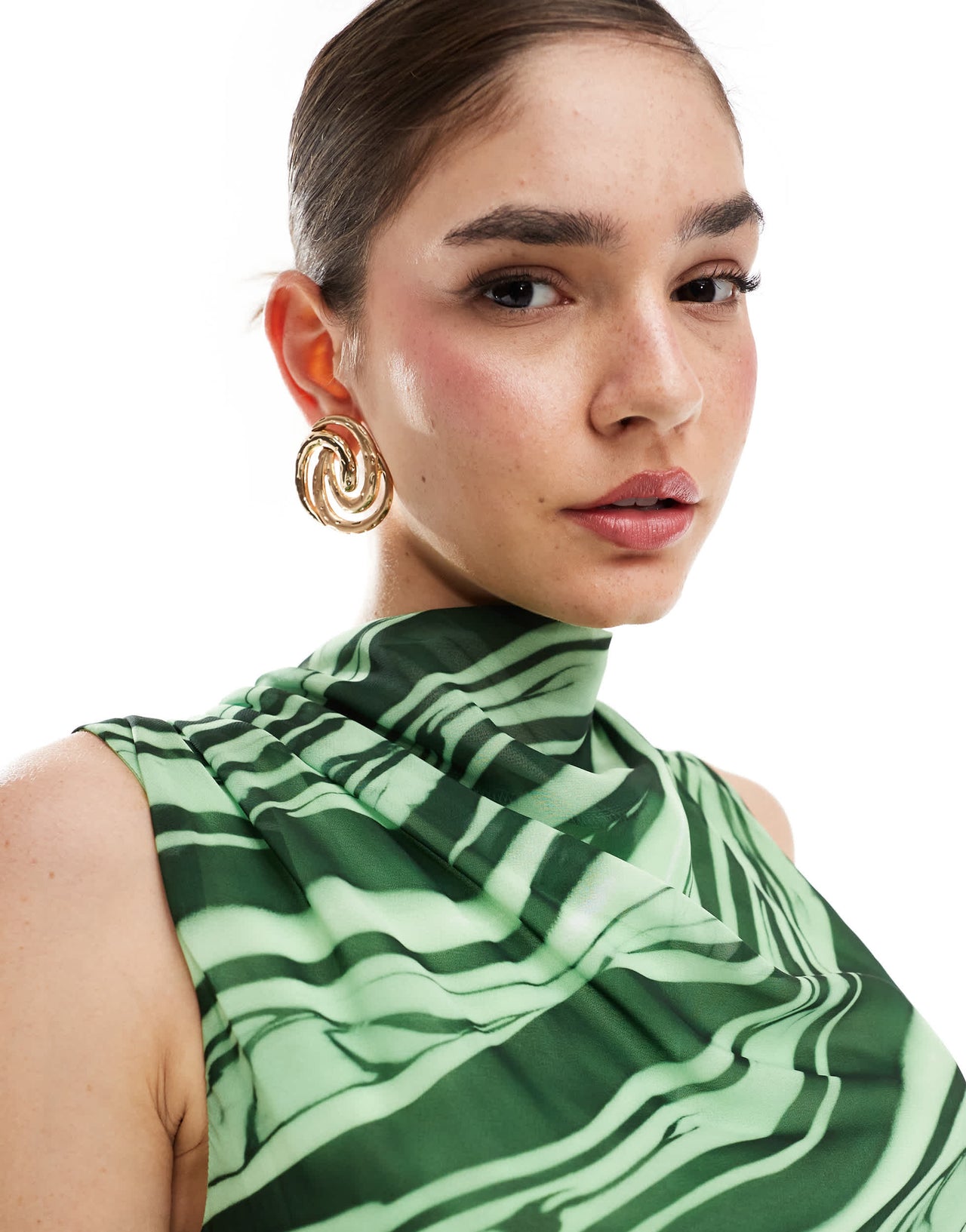 ASOS DESIGN high neck chiffon mini dress with drape detail in green swirl print