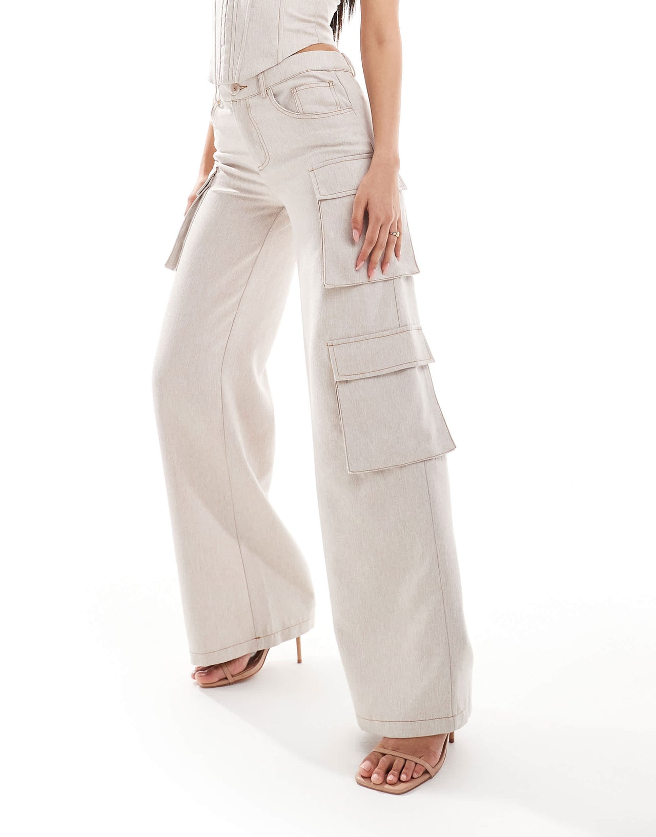 Aria Cove denim look wide leg pocket detail trousers co-ord in cream
