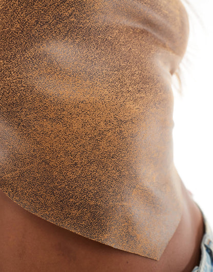 ASOS DESIGN leather look bandeau scarf hem top with lace up back in washed brown