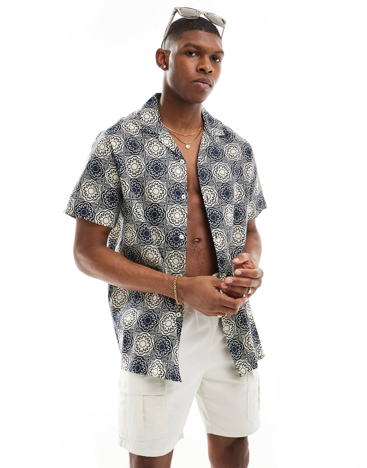 ASOS DESIGN relaxed revere linen look shirt in navy geo tile print