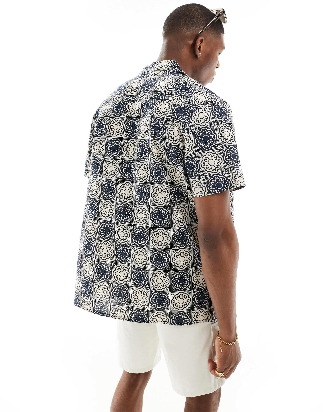 ASOS DESIGN relaxed revere linen look shirt in navy geo tile print