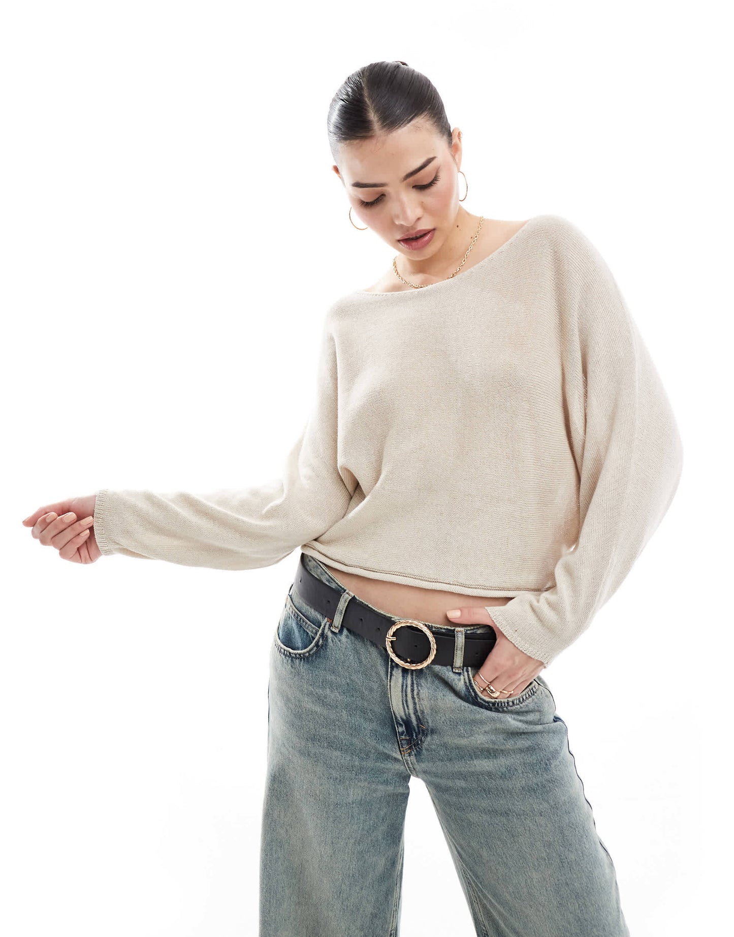 Stradivarius rustic knit slouchy jumper in stone