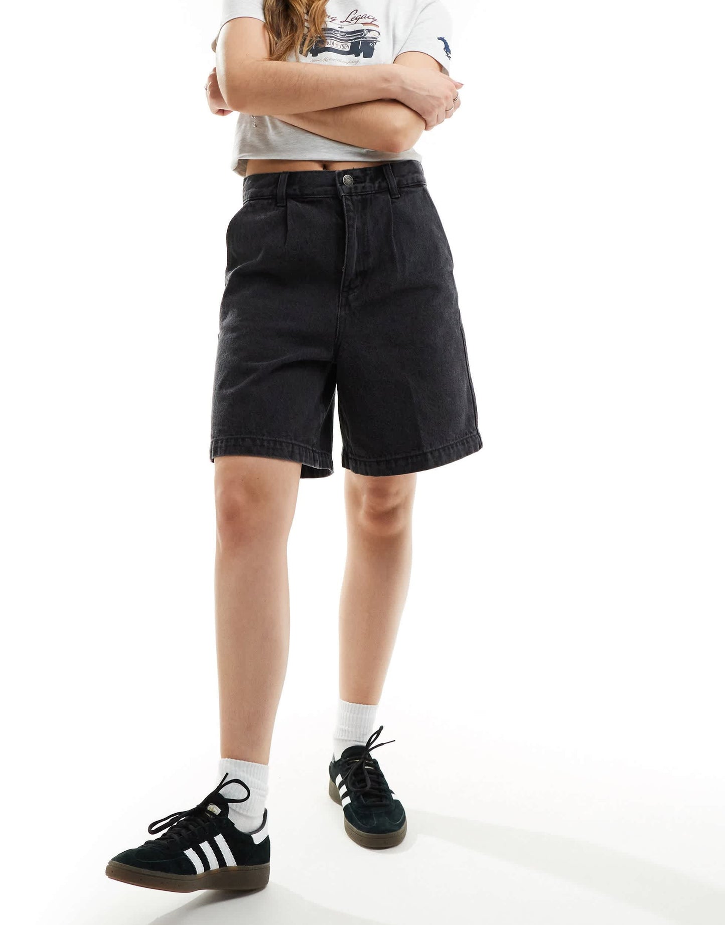 Obey longer length denim short in washed black