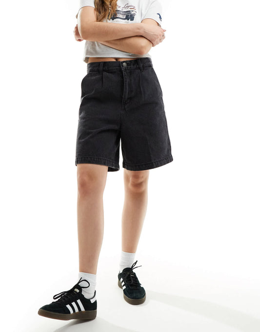 Obey longer length denim short in washed black