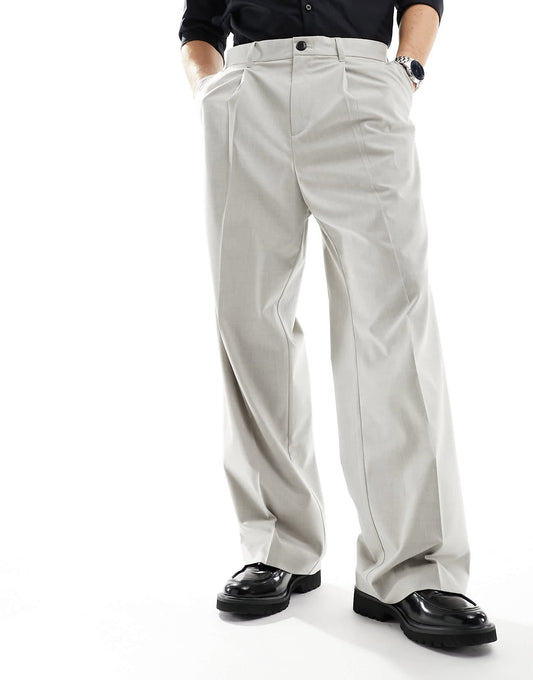 Weekday Uno loose fit tailored trousers in beige melange