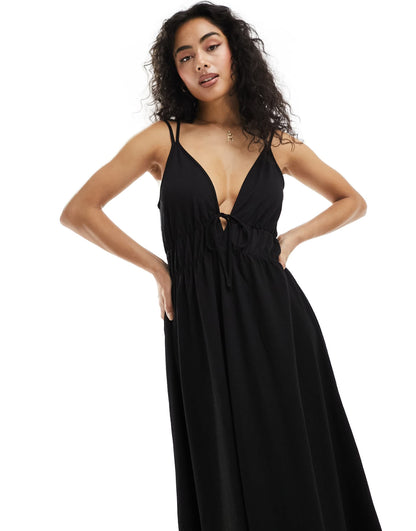 Y.A.S  textured double strap tie front cami maxi dress in black