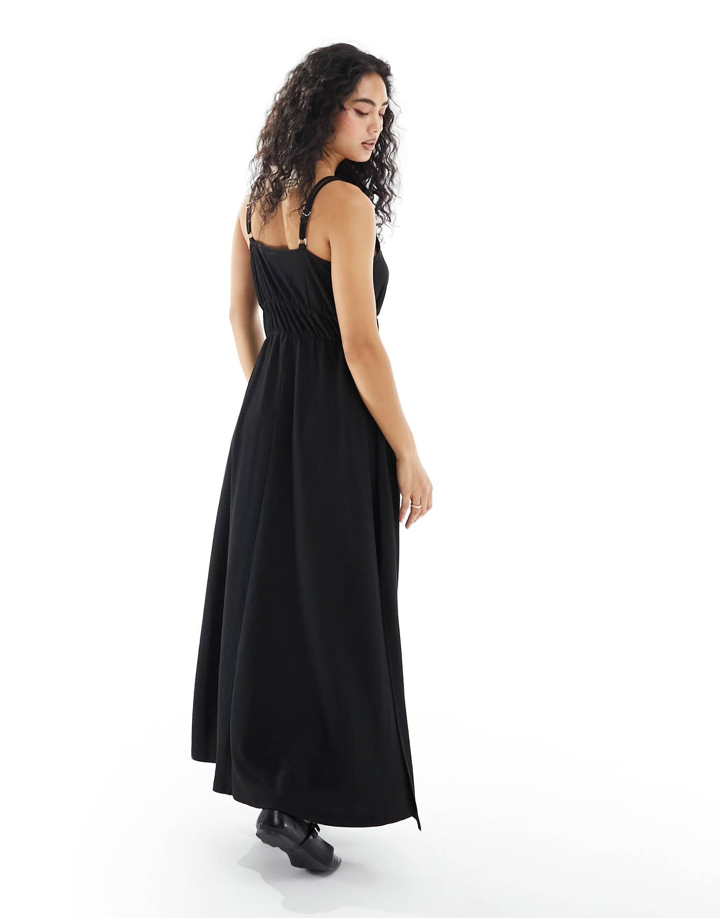 Y.A.S  textured double strap tie front cami maxi dress in black