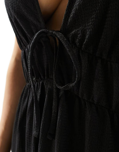 Y.A.S  textured double strap tie front cami maxi dress in black