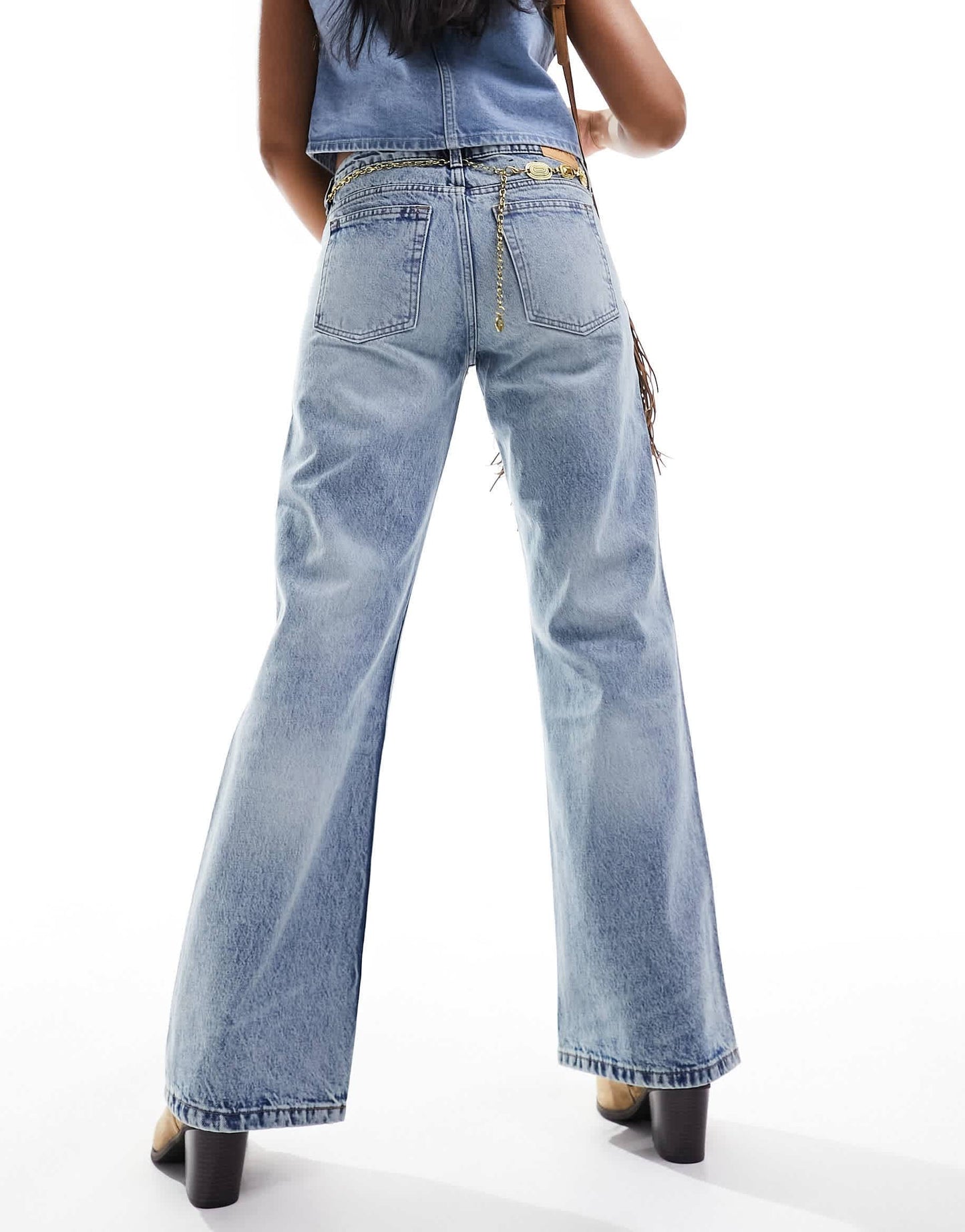 Monki Imoo low waisted wide fit jeans in tinted dirty wash blue