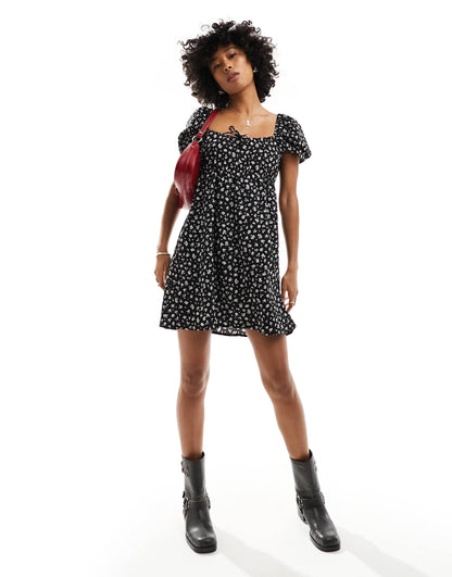 Monki mini dress with puff sleeves and ruche back detail in black