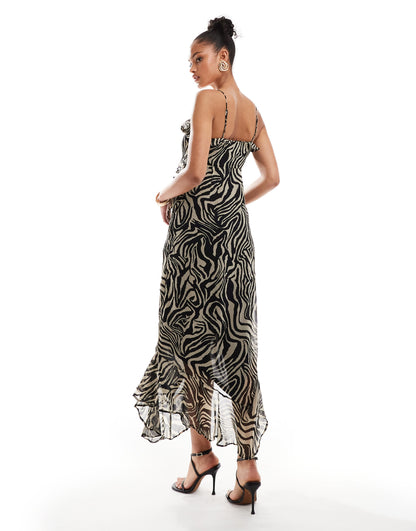 ONLY Tall strappy frill maxi dress in zebra