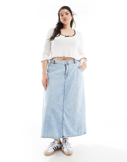 ONLY Curve denim midi skirt in light wash