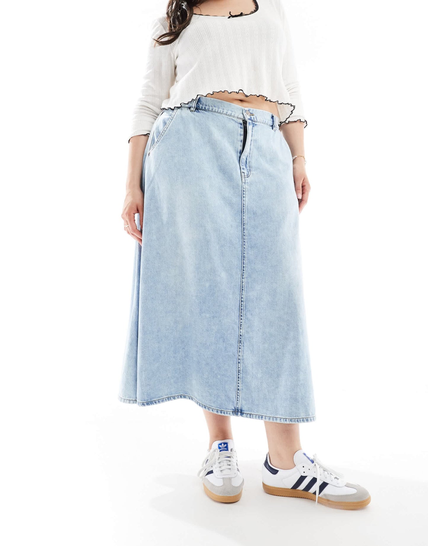 ONLY Curve denim midi skirt in light wash