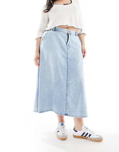 ONLY Curve denim midi skirt in light wash