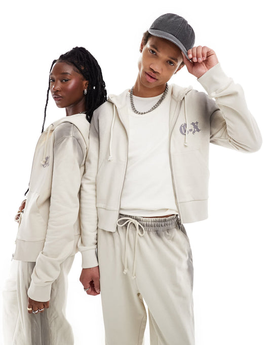 COLLUSION Unisex zip through hoodie in ombre grey wash co-ord