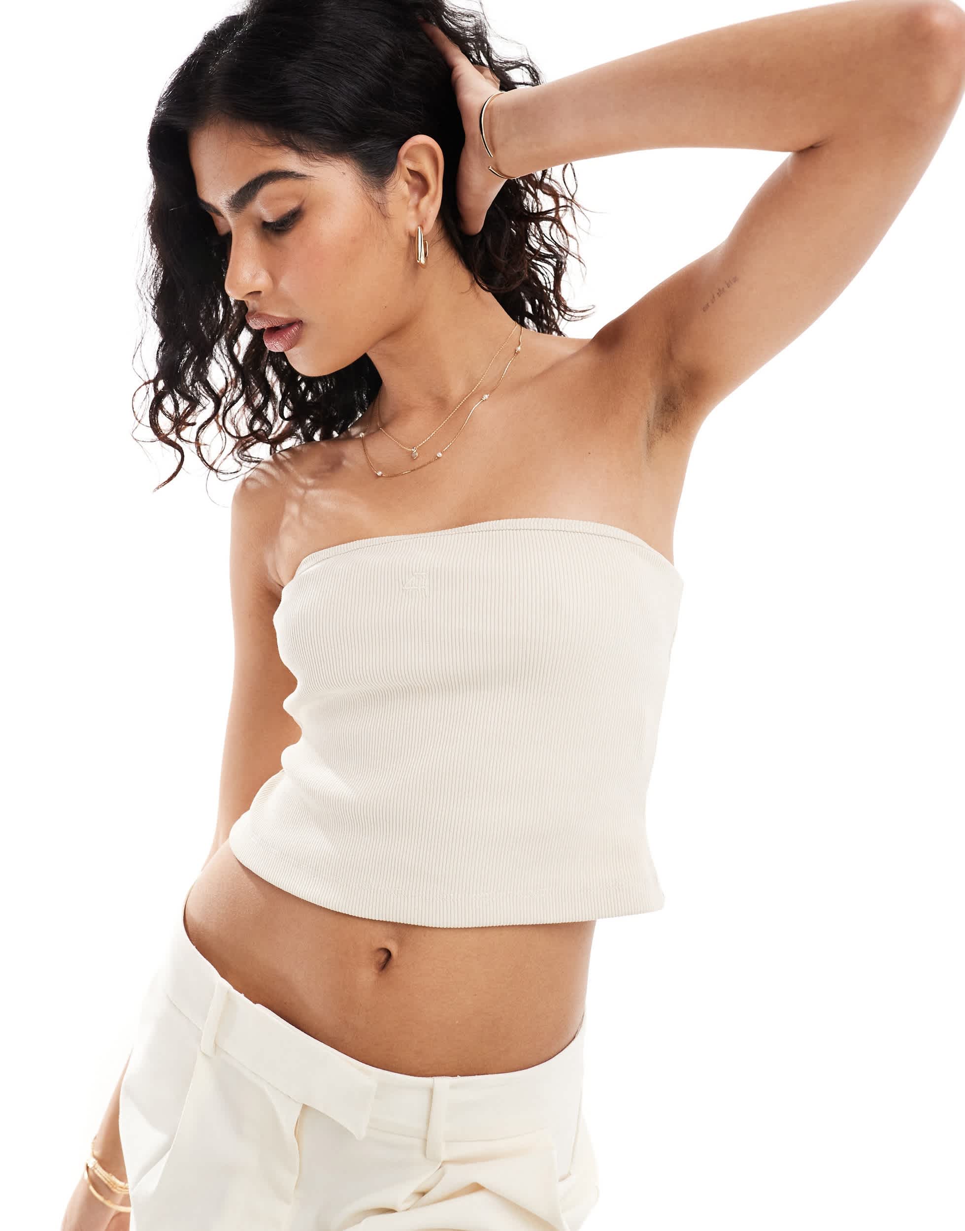 4th & Reckless ribbed bandeau logo detail top in beige
