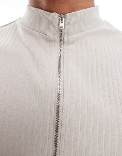 ASOS DESIGN muscle fit rib tank with double ended zip in stone