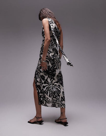 Topshop premium one shoulder drape midi dress in black smudge floral