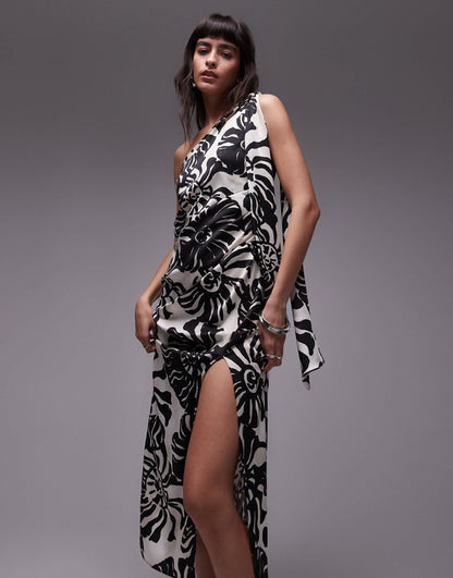 Topshop premium one shoulder drape midi dress in black smudge floral
