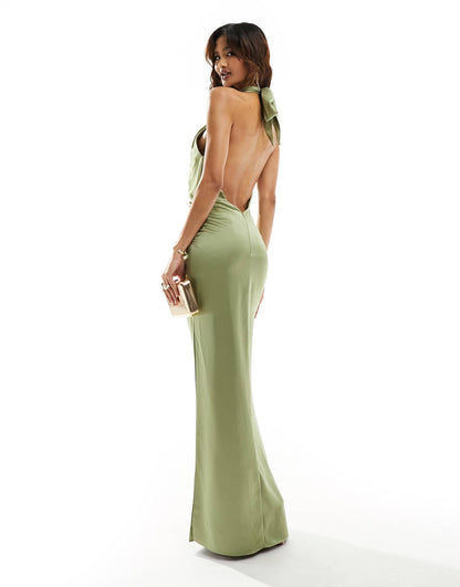 Jarlo high neck satin maxi dress with open back in olive