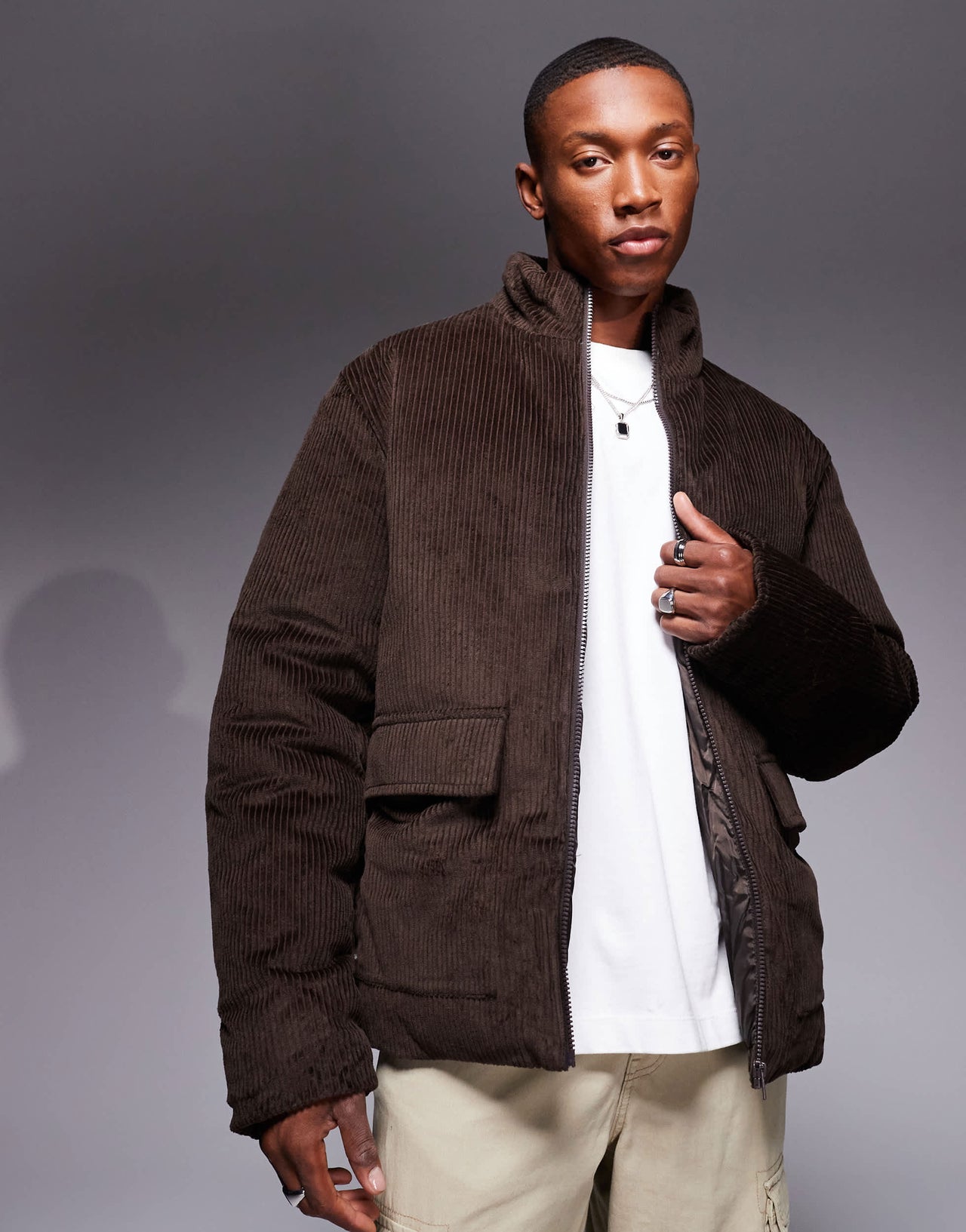 ASOS DESIGN corduroy puffer jacket in brown