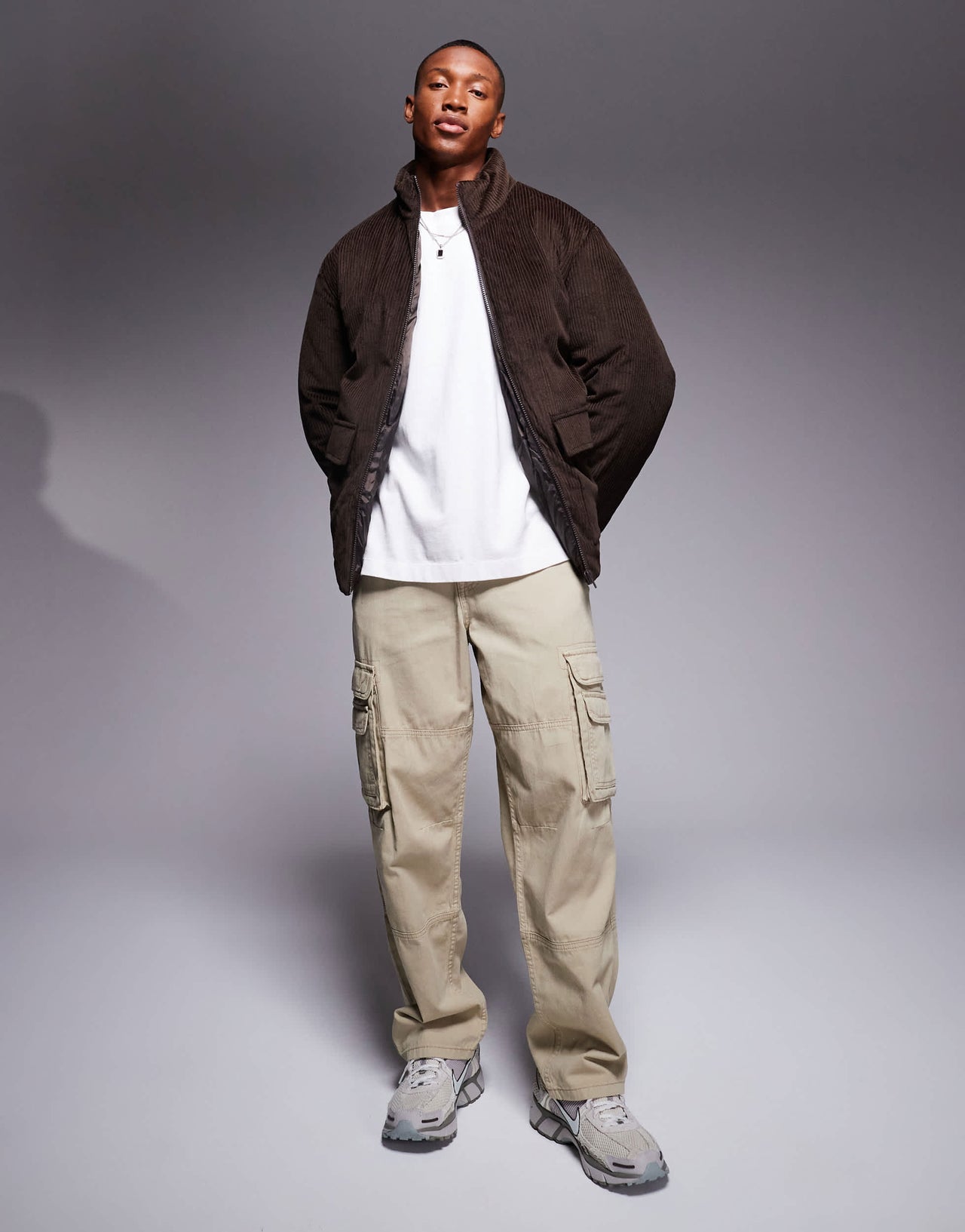 ASOS DESIGN corduroy puffer jacket in brown