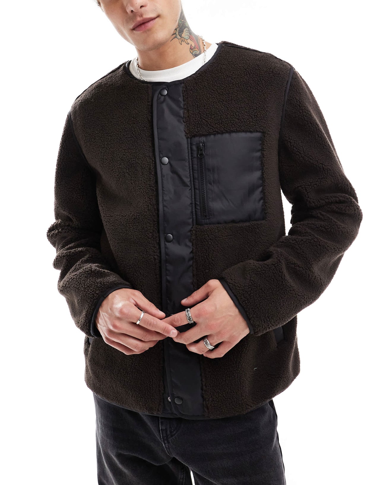 ASOS DESIGN zip through fleece jacket with pocket in brown