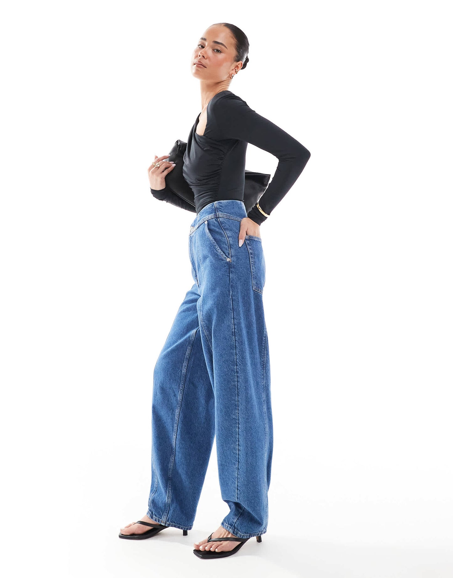 & Other Stories high waist tapered barrel leg jeans in mid blue