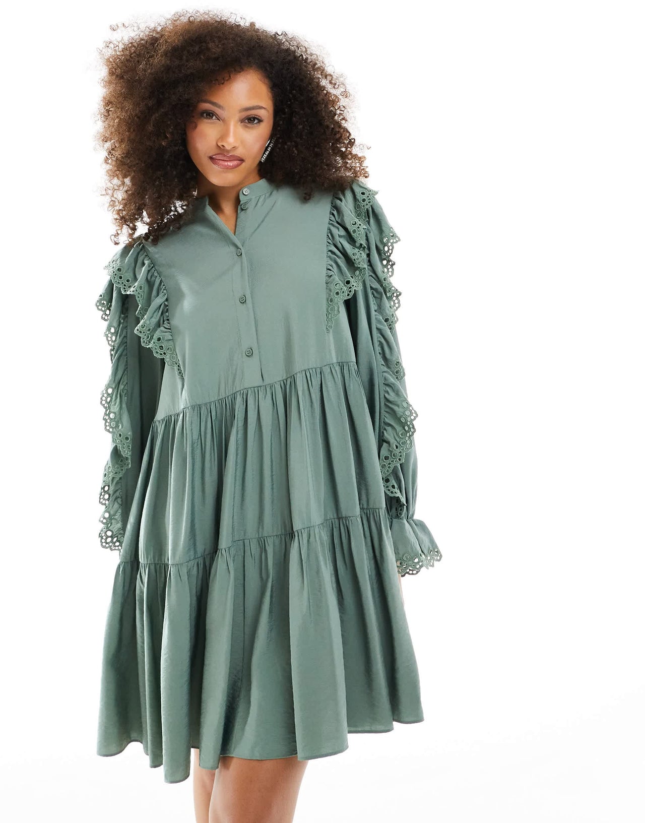 & Other Stories tiered mini smock dress with embroidered frill detail in khaki green