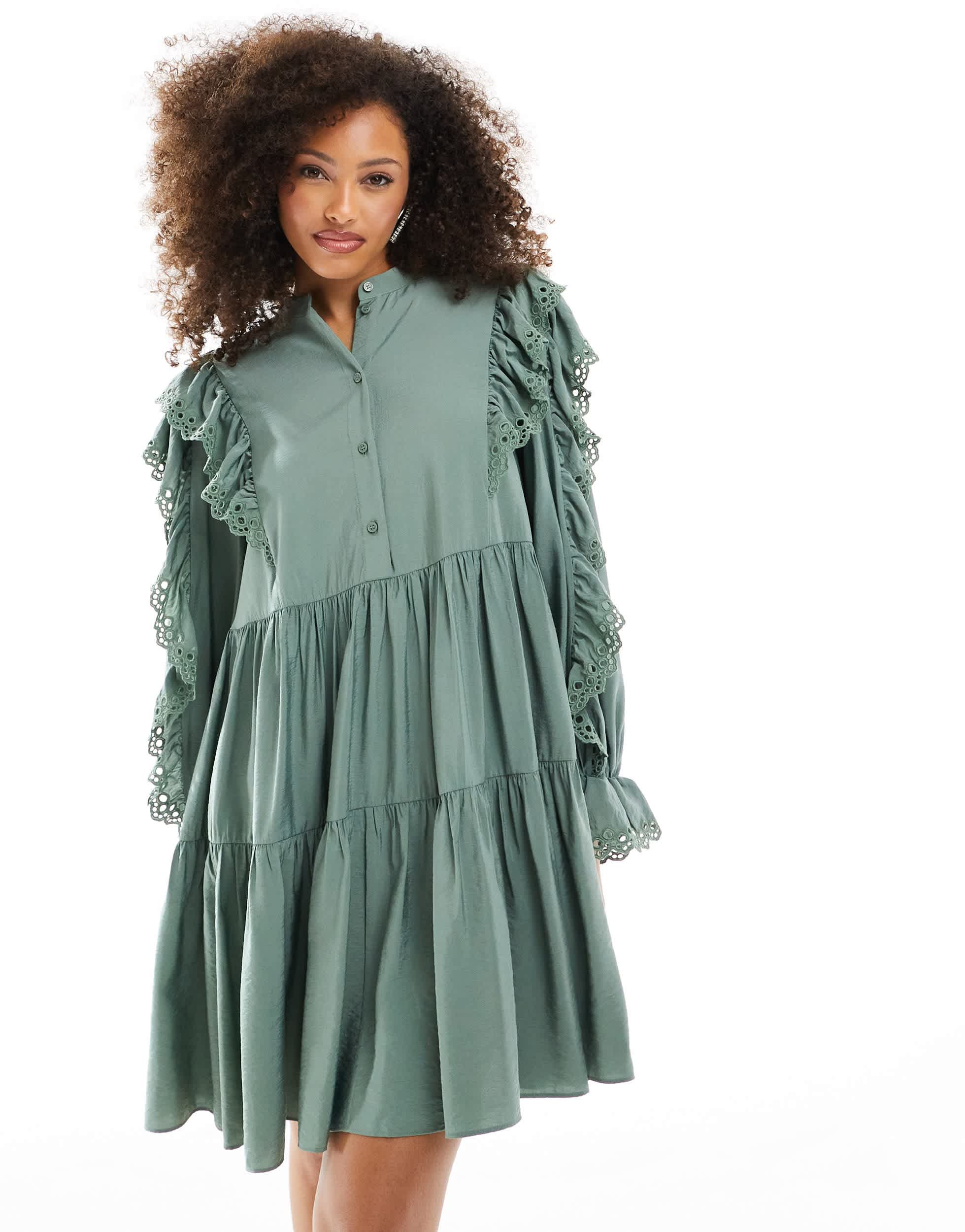 & Other Stories tiered mini smock dress with embroidered frill detail in khaki green