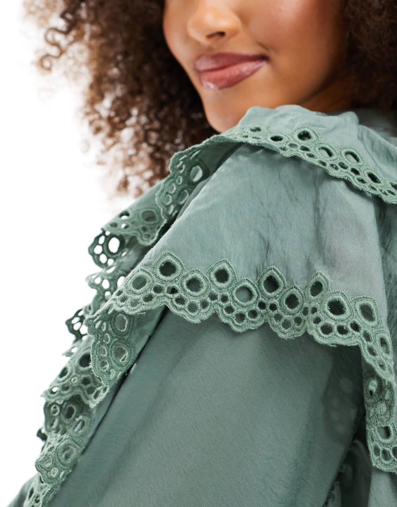 & Other Stories tiered mini smock dress with embroidered frill detail in khaki green