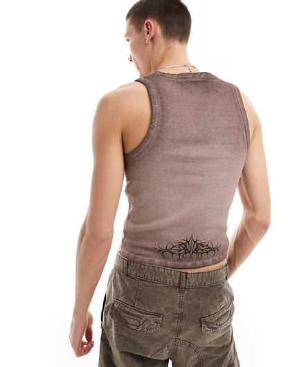 COLLUSION  waffle muscle festival vest in brown with oil wash and tattoo print