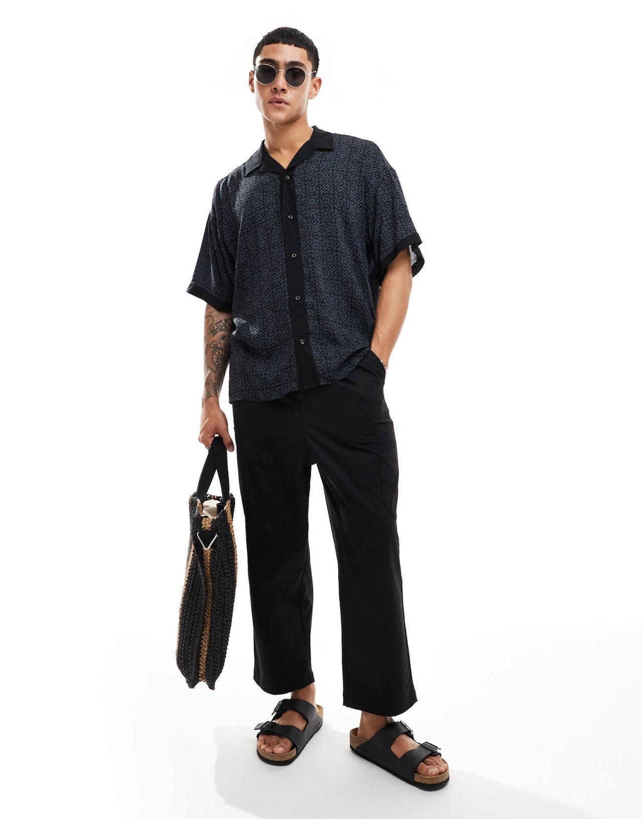 ADPT oversized revere collar shirt with boarder print in grey